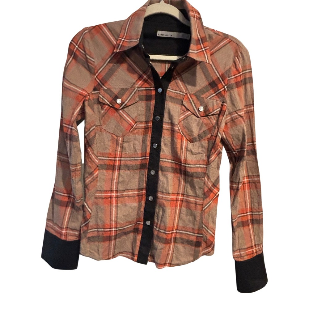 Karen Millen Plaid Snap Front Western Blouse Orange Grey US 8 UK 12